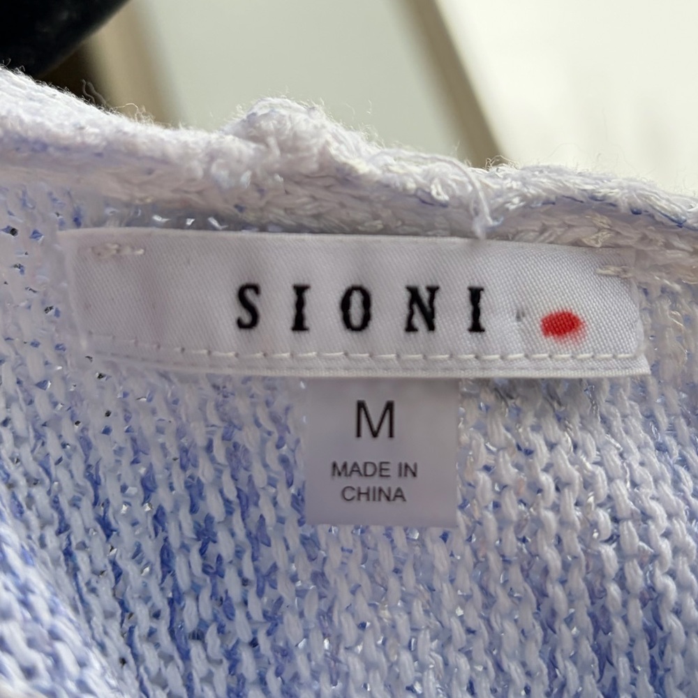 🆕 Sioni BlueWhite Open Knit Hoodie Sweater Size M Lightweight Sheer Pullover Top - Picture 12 of 13